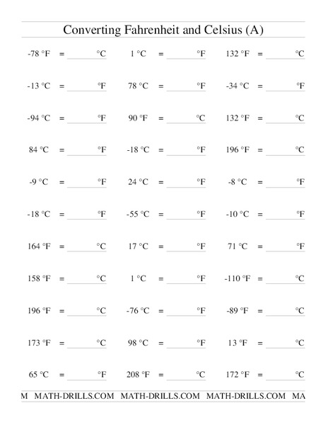 Converting Fahrenheit and Celsius (A) Worksheet Converting Fahrenheit and Celsius (A) Worksheet