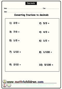 Converting Fractions to Decimals Worksheet Converting Fractions to Decimals Worksheet