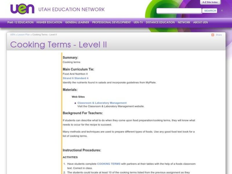 Cooking Terms Lesson Plan Cooking Terms Lesson Plan