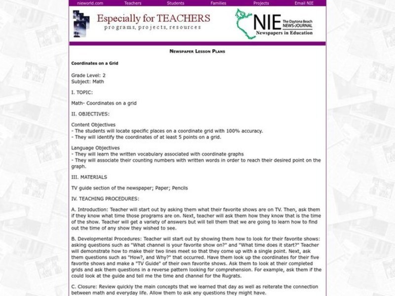 Coordinates on a Grid Lesson Plan Coordinates on a Grid Lesson Plan