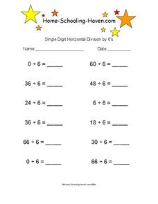 Single Digit Horizontal Division by 6's Worksheet Single Digit Horizontal Division by 6's Worksheet