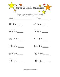 Single Digit Horizontal Division by 4's Worksheet Single Digit Horizontal Division by 4's Worksheet