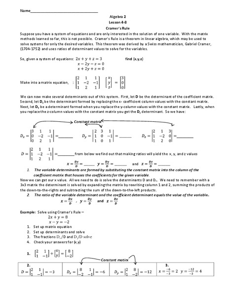 Cramer's Rule Worksheet Cramer's Rule Worksheet