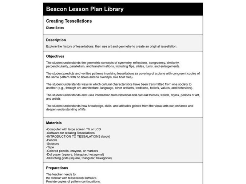 Creating Tessellations Lesson Plan Creating Tessellations Lesson Plan