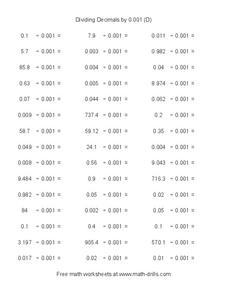 Dividing Decimals by 0.001 (D) Worksheet Dividing Decimals by 0.001 (D) Worksheet