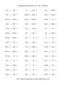 Multiplying Decimals by 10, 100, 1000 (E) Worksheet Multiplying Decimals by 10, 100, 1000 (E) Worksheet