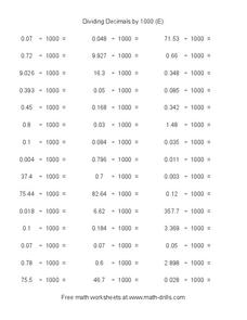 Dividing Decimals by 1000 (E) Worksheet Dividing Decimals by 1000 (E) Worksheet