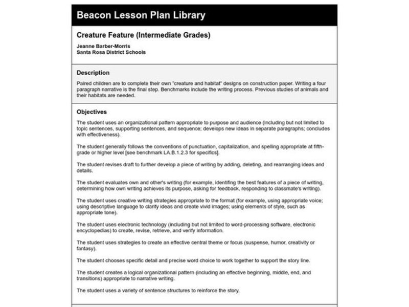 Creature Feature Lesson Plan Creature Feature Lesson Plan
