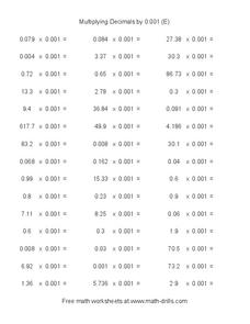 Multiplying Decimals by 0.001 (E) Worksheet Multiplying Decimals by 0.001 (E) Worksheet