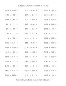 Multiplying Decimals by Powers of Ten (C) Worksheet Multiplying Decimals by Powers of Ten (C) Worksheet