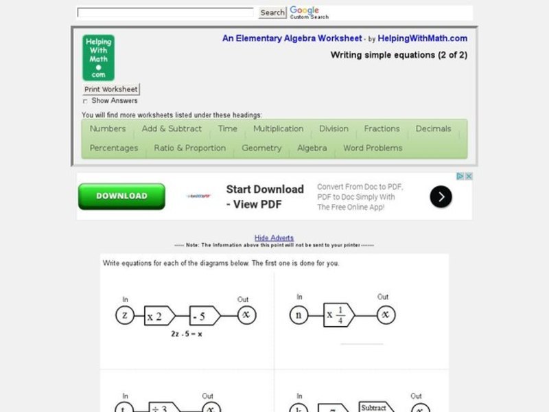 Writing Simple Equations Worksheet Writing Simple Equations Worksheet