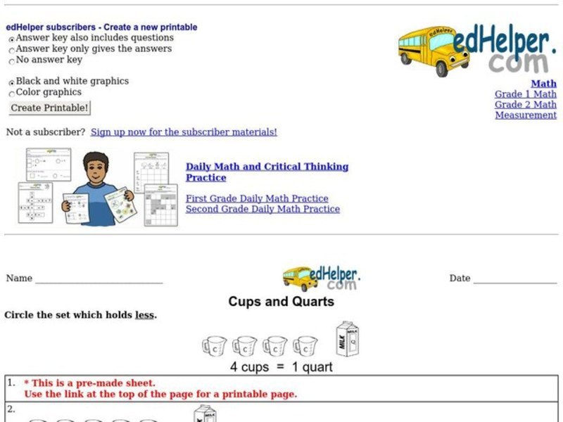 Cups and Quarts Worksheet Cups and Quarts Worksheet