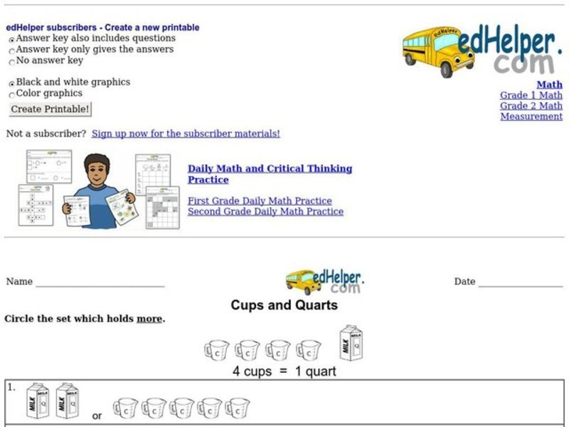 Cups and Quarts Worksheet Cups and Quarts Worksheet