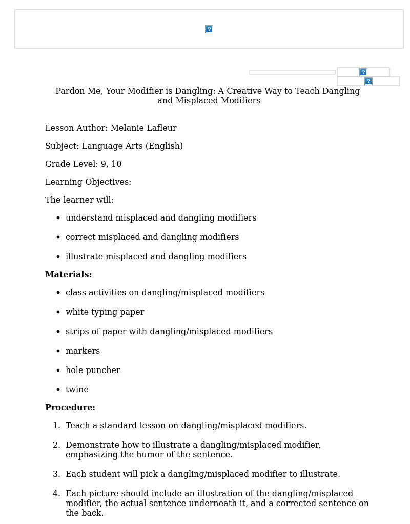Dangling Modifiers Lesson Plan Dangling Modifiers Lesson Plan