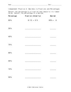 Decimals to Fractions and Percentages Worksheet Decimals to Fractions and Percentages Worksheet