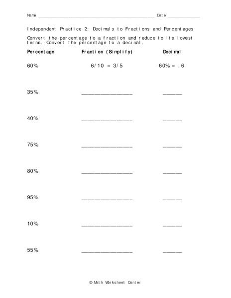 Decimals to Fractions and Percentages Worksheet Decimals to Fractions and Percentages Worksheet