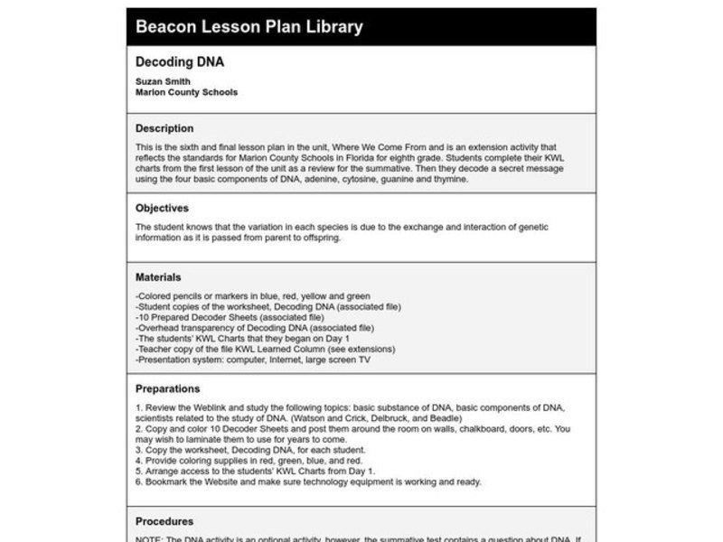 Decoding DNA Lesson Plan Decoding DNA Lesson Plan
