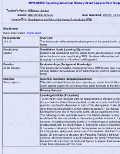 Development and Use of the Atomic Bomb during WWII Lesson Plan Development and Use of the Atomic Bomb during WWII Lesson Plan