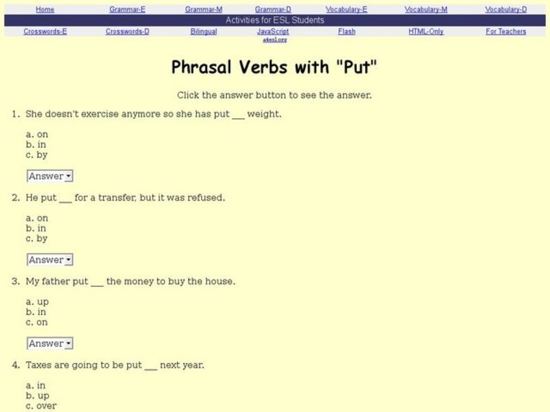 Phrasal Verbs with "Put" Interactive Phrasal Verbs with "Put" Interactive