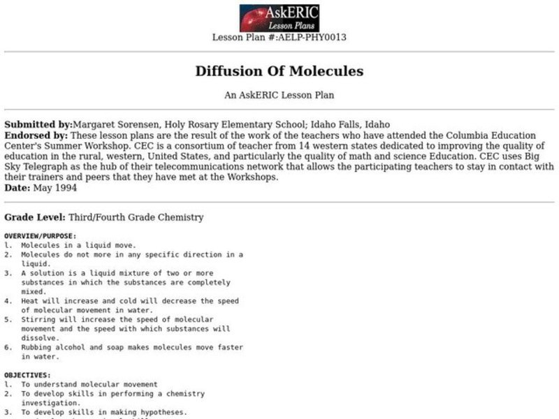 Diffusion Of Molecules Lesson Plan Diffusion Of Molecules Lesson Plan