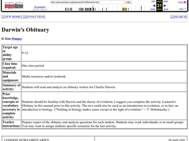 Darwin's Obituary Lesson Plan Darwin's Obituary Lesson Plan