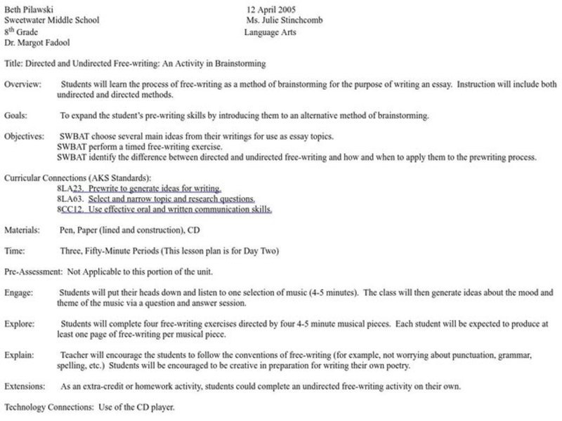 Directed and Undirected Free-writing: An Activity in Brainstorming Lesson Plan Directed and Undirected Free-writing: An Activity in Brainstorming Lesson Plan