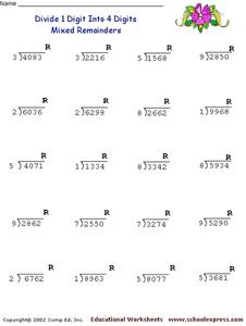 Divide 1 Digit Into 4 Digits: Mixed Remainders Worksheet for 4th - 5th