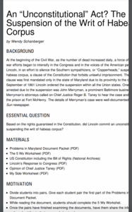 An "Unconstitutional" Act? The Suspension of the Writ of Habeas Corpus Lesson Plan An "Unconstitutional" Act? The Suspension of the Writ of Habeas Corpus Lesson Plan