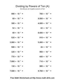Dividing by Powers of Ten (A) Worksheet Dividing by Powers of Ten (A) Worksheet