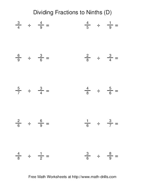 Dividing Fractions to Ninths Worksheet Dividing Fractions to Ninths Worksheet
