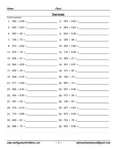 Division of Decimals Worksheet Division of Decimals Worksheet