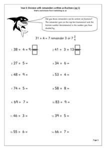 Division with remainders written as fractions Worksheet Division with remainders written as fractions Worksheet