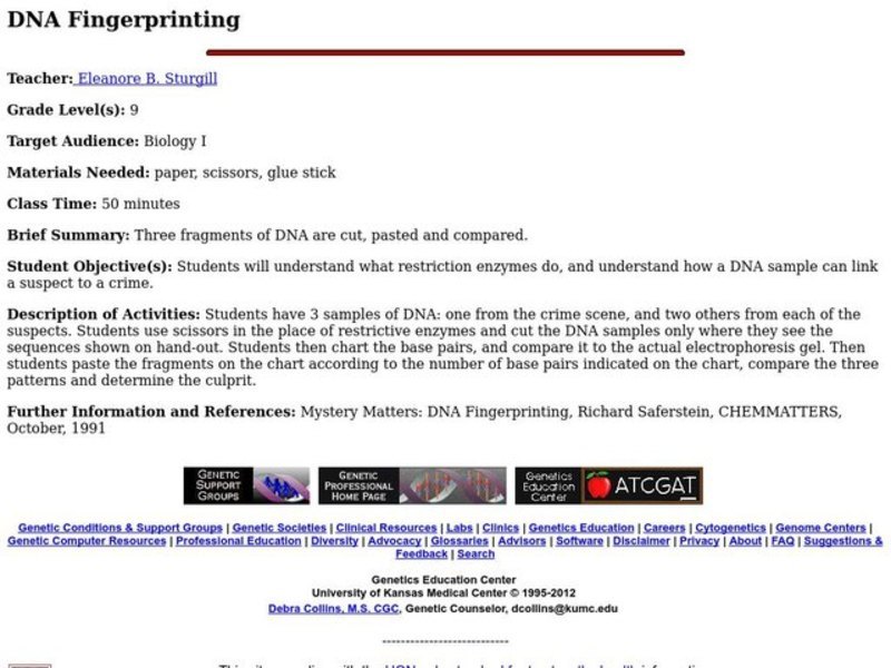 DNA Fingerprinting Lesson Plan DNA Fingerprinting Lesson Plan