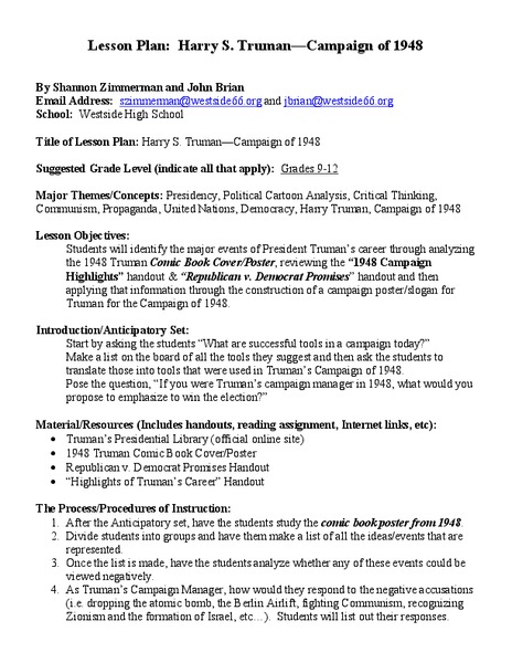 Harry S. Truman - Campaign of 1948 Lesson Plan Harry S. Truman - Campaign of 1948 Lesson Plan