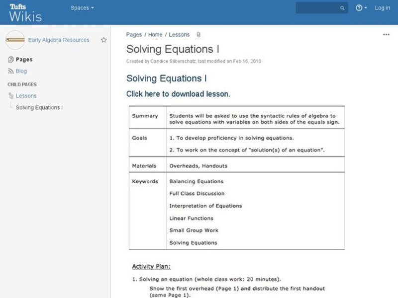 Solving Equations I Lesson Plan Solving Equations I Lesson Plan