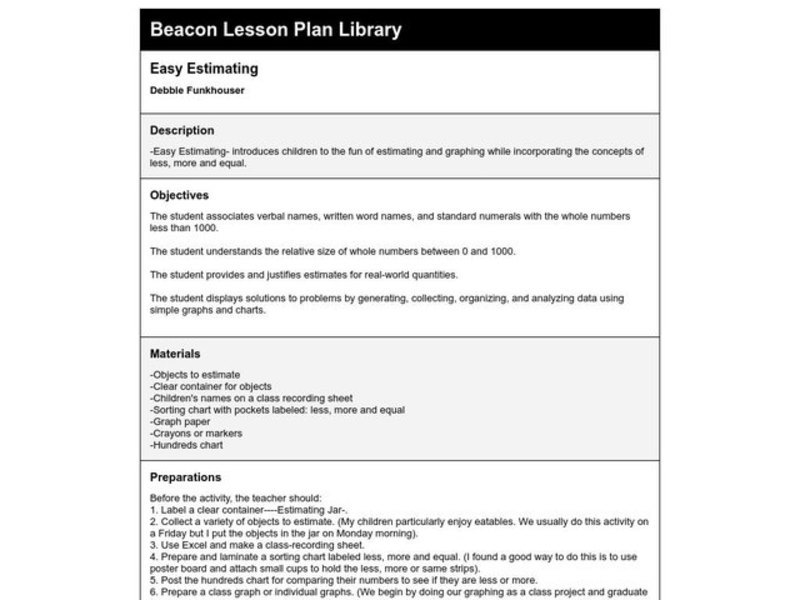 Easy Estimating Lesson Plan Easy Estimating Lesson Plan