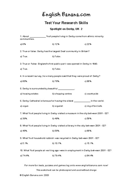 Spotlight on Derby, UK Worksheet Spotlight on Derby, UK Worksheet