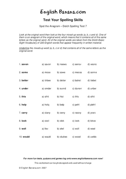 Spot the Anagram - Dolch Spelling Test 7 Worksheet Spot the Anagram - Dolch Spelling Test 7 Worksheet