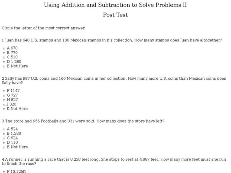 Using Addition and Subtraction to Solve Problems II: Post Test Interactive Using Addition and Subtraction to Solve Problems II: Post Test Interactive