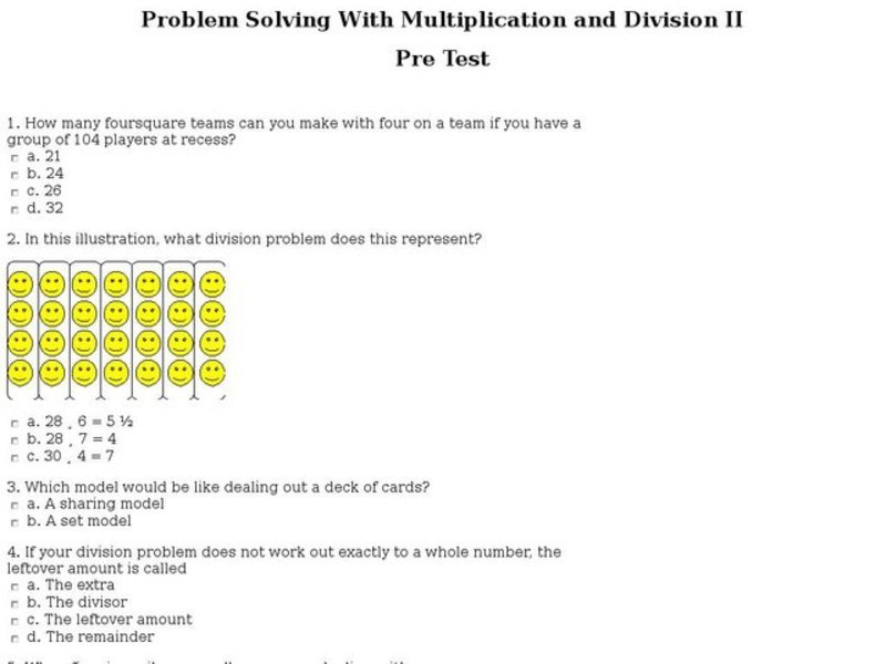 Problem Solving With Multiplication and Division-Pre Test Worksheet Problem Solving With Multiplication and Division-Pre Test Worksheet