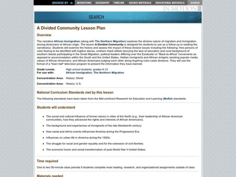 A Divided Community Lesson Plan A Divided Community Lesson Plan