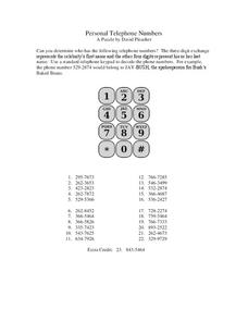 Personal Telephone Numbers: Deciphering a Message Worksheet Personal Telephone Numbers: Deciphering a Message Worksheet