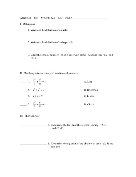 Algebra II Test Worksheet Algebra II Test Worksheet