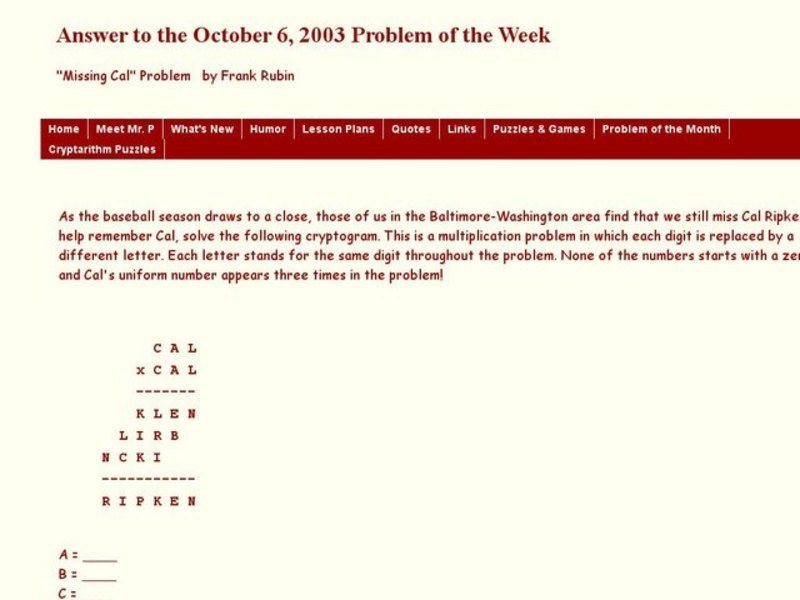 "Missing Cal" Problem Worksheet "Missing Cal" Problem Worksheet