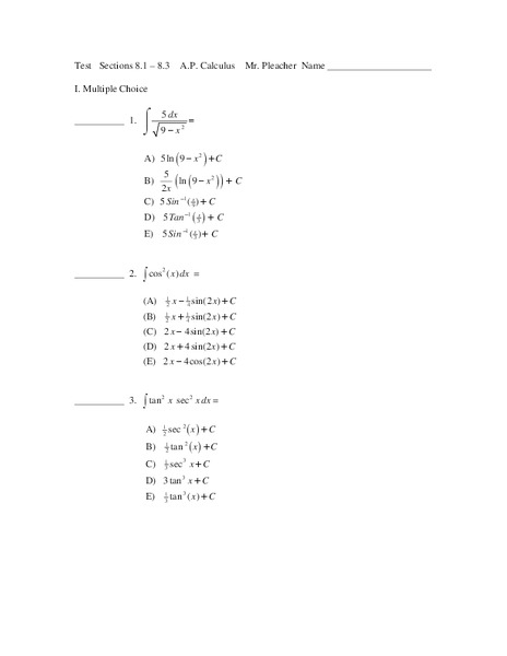 Twenty Various Multiple Choice and Free-response Indefinite Integrals Worksheet Twenty Various Multiple Choice and Free-response Indefinite Integrals Worksheet