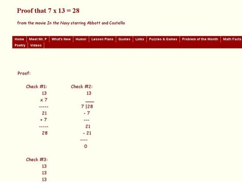 Proof that 7 x 13 = 28 Worksheet Proof that 7 x 13 = 28 Worksheet