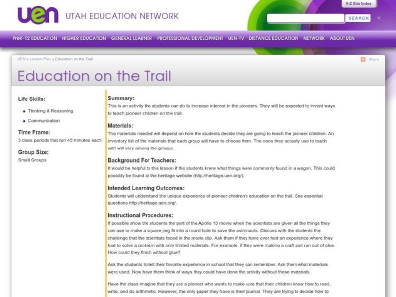 Education On The Trail Lesson Plan Education On The Trail Lesson Plan