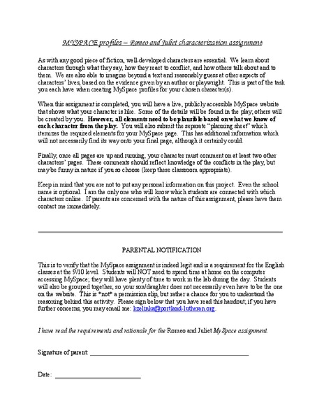 MYSPACE Profiles - Romeo and Juliet Characterization Interactive MYSPACE Profiles - Romeo and Juliet Characterization Interactive