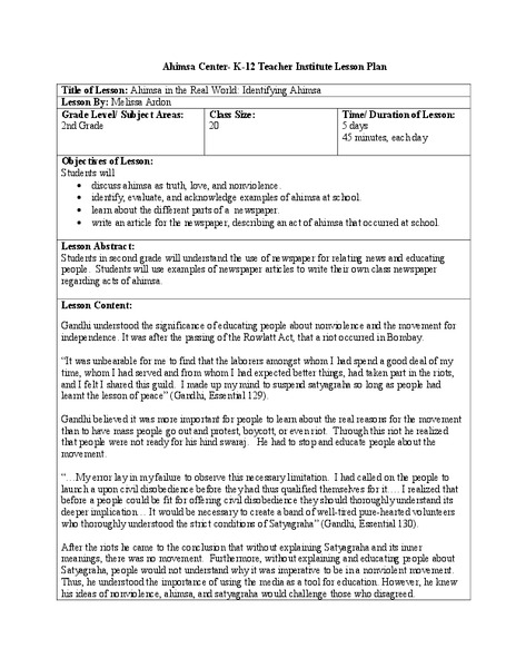 Aahimsa in the Real World: Identifying Ahimsa Lesson Plan Aahimsa in the Real World: Identifying Ahimsa Lesson Plan