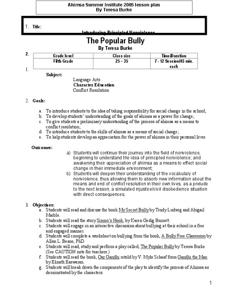 The Popular Bully Lesson Plan The Popular Bully Lesson Plan